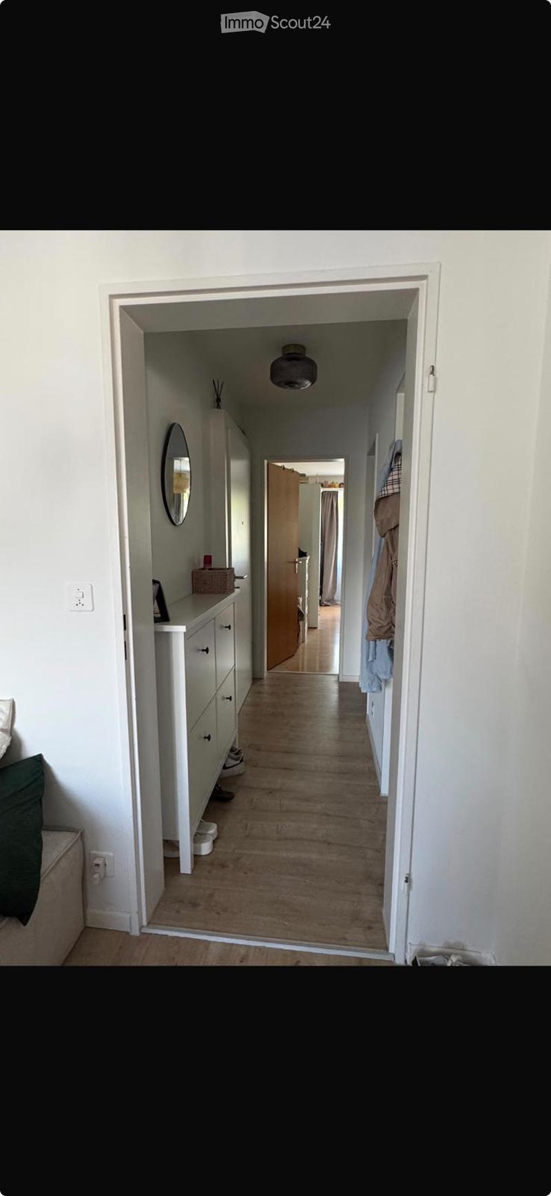 A narrow hallway with wooden flooring, white walls, and a ceiling light fixture. A small cabinet with a mirror and a few items is visible on the left side, and a coat rack with hanging clothes is on the right.