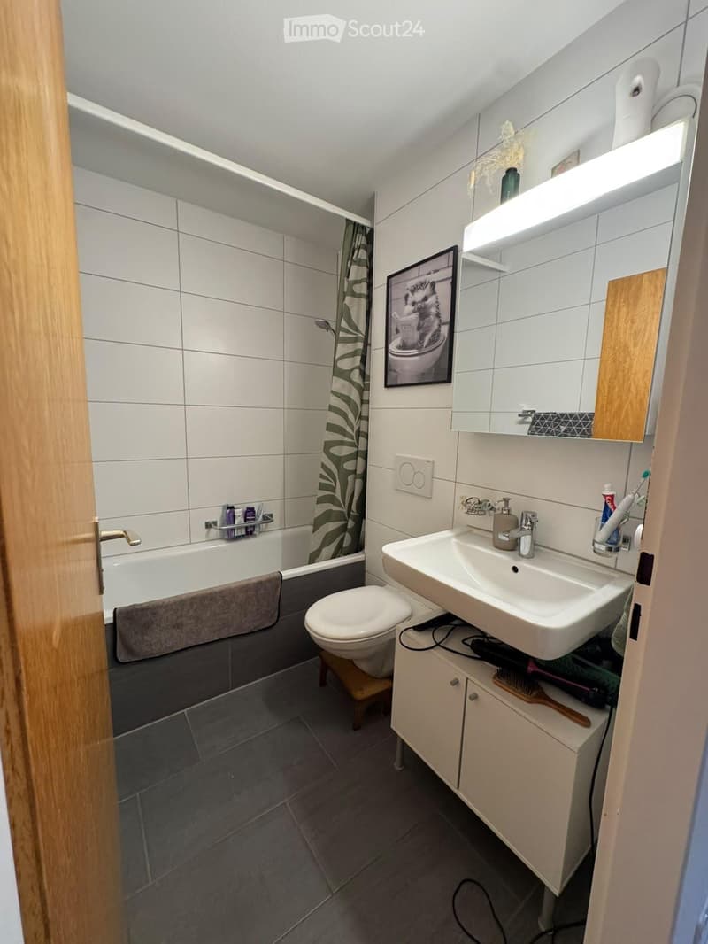 Modern bathroom with white tiles, a sink, toilet, bathtub, mirror, and a wooden cabinet. Features a shower curtain with a leafy pattern and a picture frame on the wall.