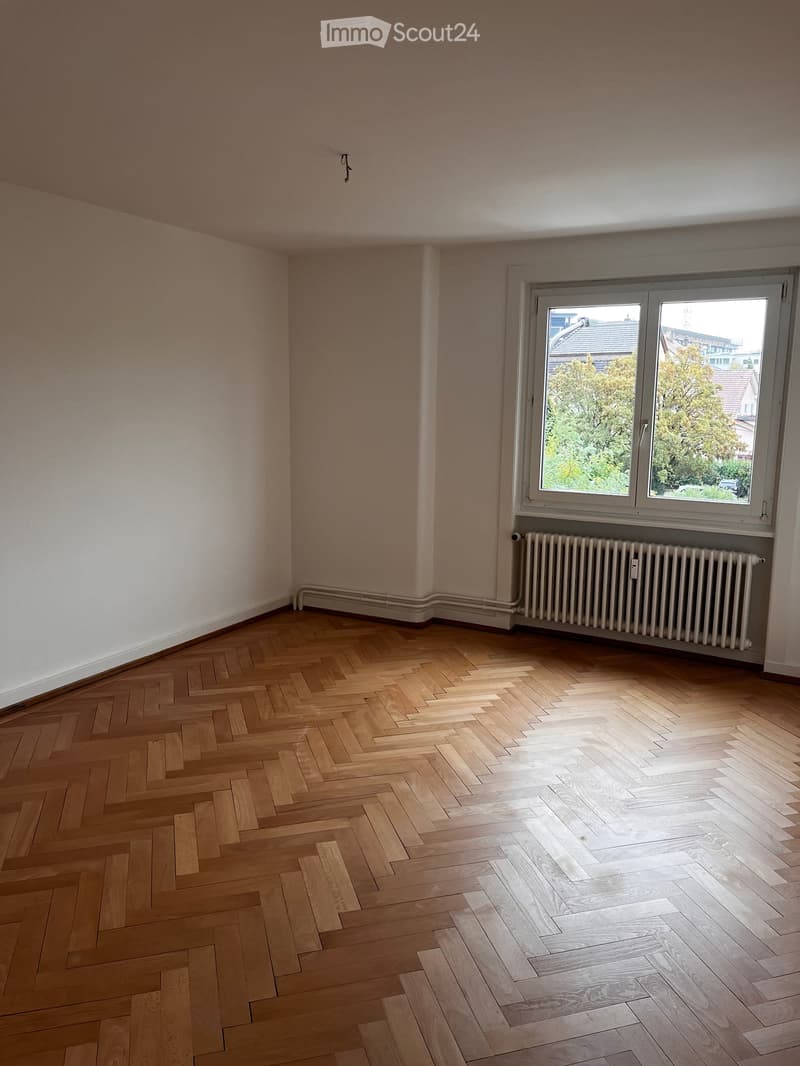 Empty room with wooden herringbone flooring, white walls, a window with a view of trees, and a radiator below the window.