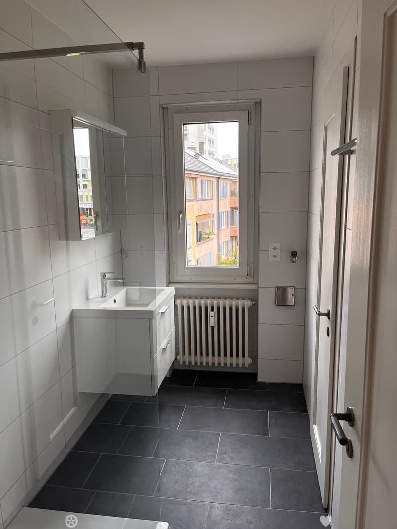 Modern bathroom with grey tiles, a white sink, a radiator, and a large window offering a view of the street.