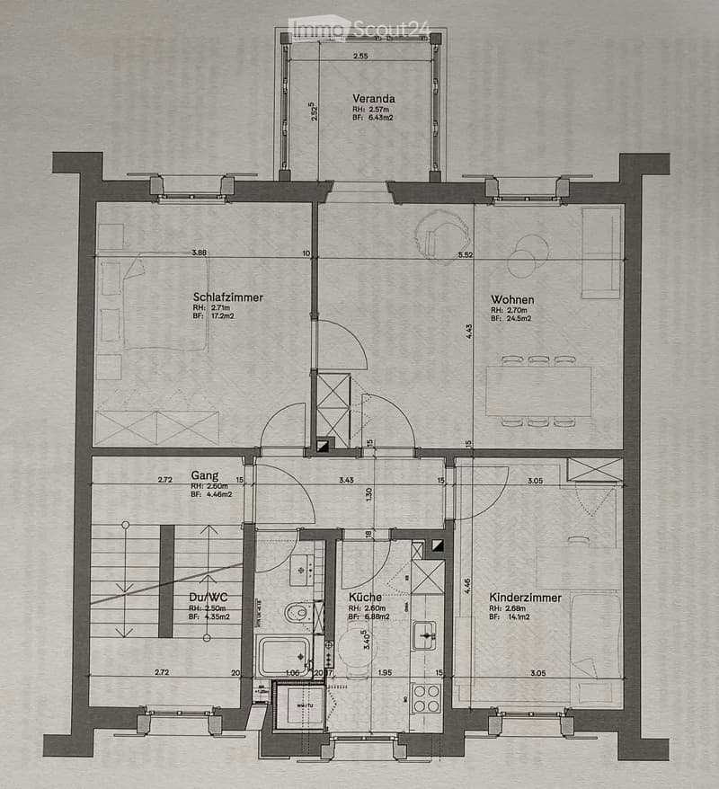 Floor plan showing a bedroom, living area, kitchen, bathroom, hallway, and balcony.