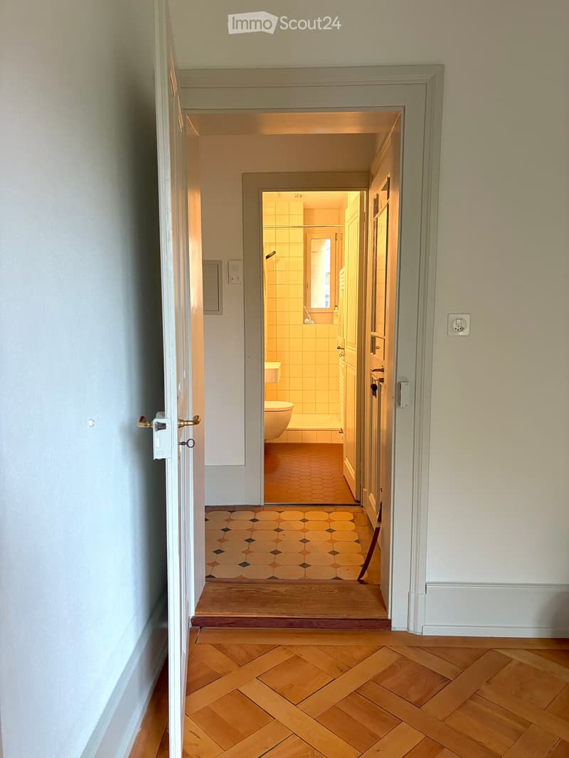 A narrow hallway with wooden flooring and patterned tiles, leading to a bathroom with white tiles and a toilet visible at the end.