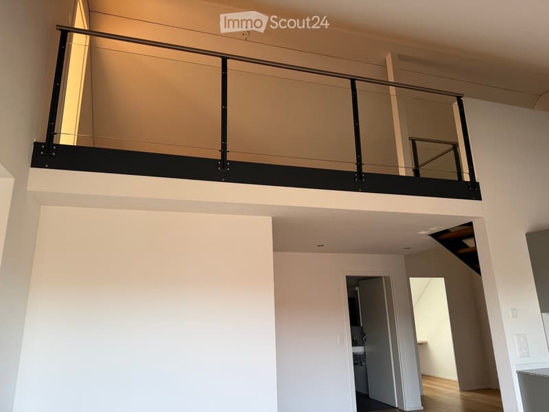 Modern open-concept hallway with a raised loft area featuring a glass railing and black metal frame, leading to a bathroom and another room.