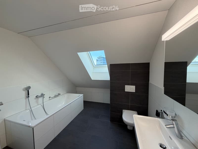 Modern bathroom with a bathtub, toilet, sink, and a skylight window providing natural light.
