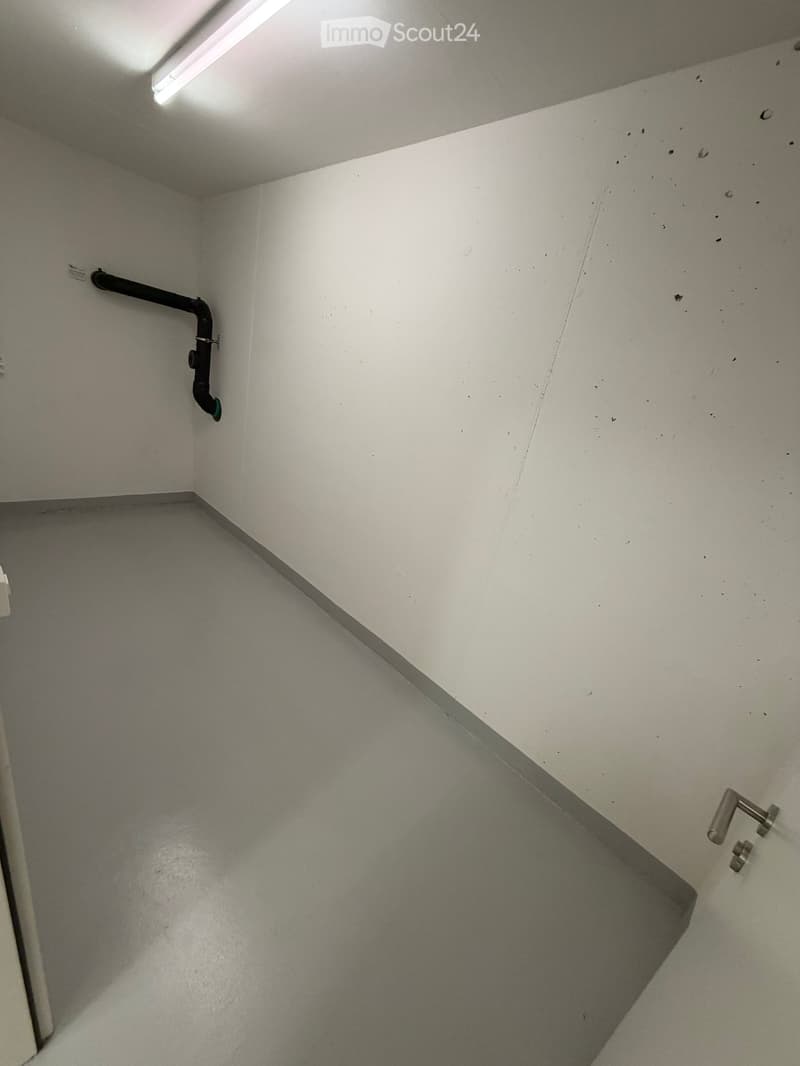Empty room with white walls, grey floor, and a single light fixture on the ceiling. No furniture or equipment is present.