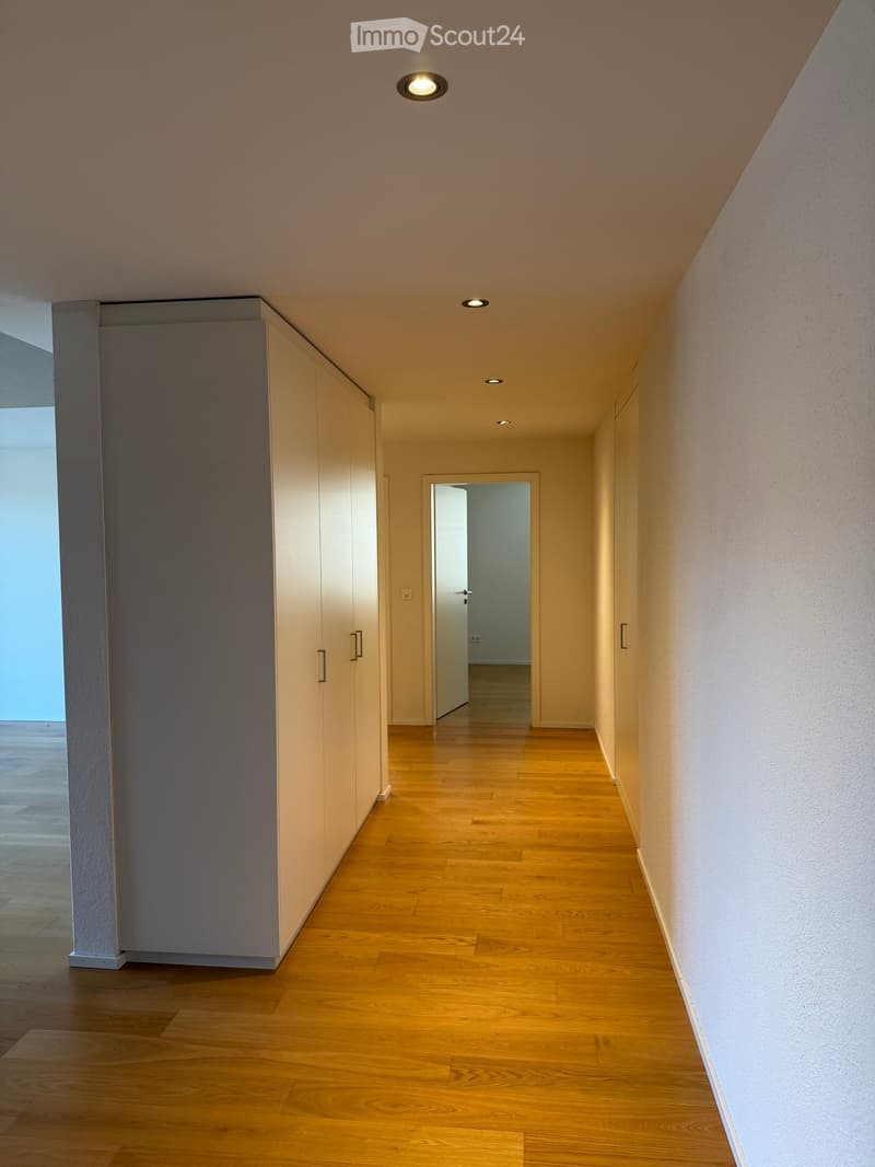 Modern hallway with wooden flooring, white walls, built-in storage units, recessed lighting, and an open doorway leading to another room.