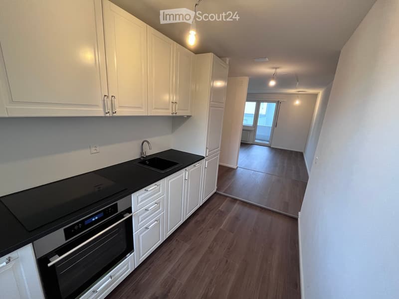 Modern kitchen with white cabinets, black countertop, sink, and built-in oven. The floor is wooden, and the space is well-lit with pendant lights.