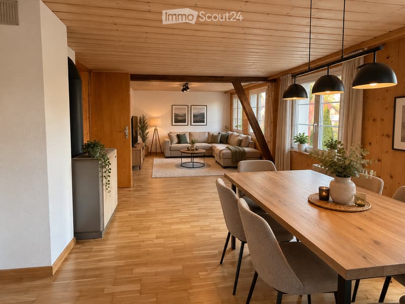 Open-plan living and dining area with wooden floors, exposed wooden beams, large windows, modern lighting, and contemporary furniture including a sofa, coffee table, dining table, and chairs.