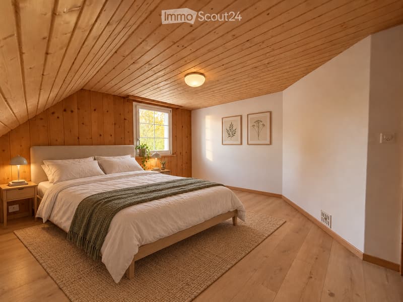 Cozy attic bedroom with wooden walls and ceiling, large window, bed with white linens and green throw, nightstand with lamp, and two framed pictures on the wall.