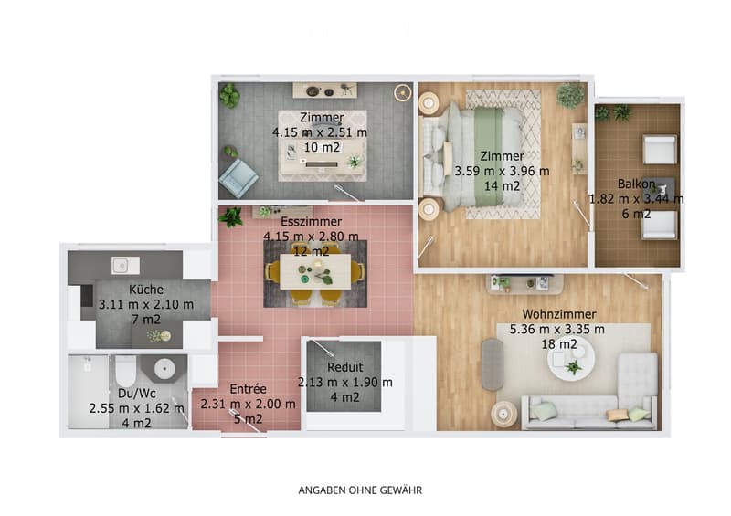 Floor plan of a modern apartment with a living room, bedroom, kitchen, dining room, bathroom, hallway, and balcony.