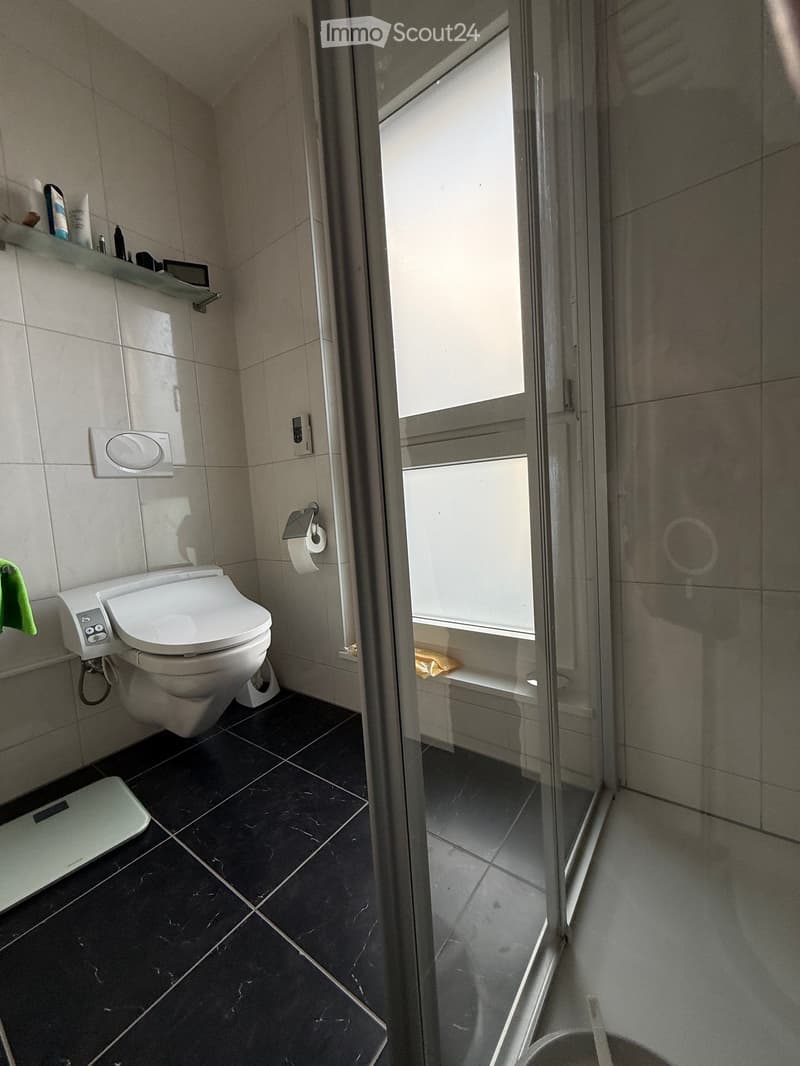 Modern bathroom with black marble tiles, a toilet with electronic controls, a glass-enclosed shower, a shelf with toiletries, and a towel hanging on the wall.