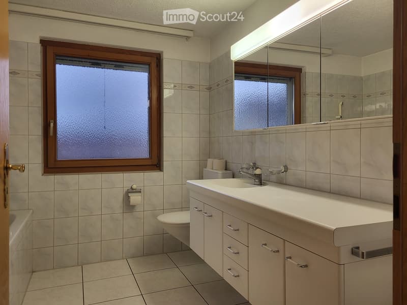 Bathroom with a double sink, mirror, toilet, bathtub, and frosted windows.