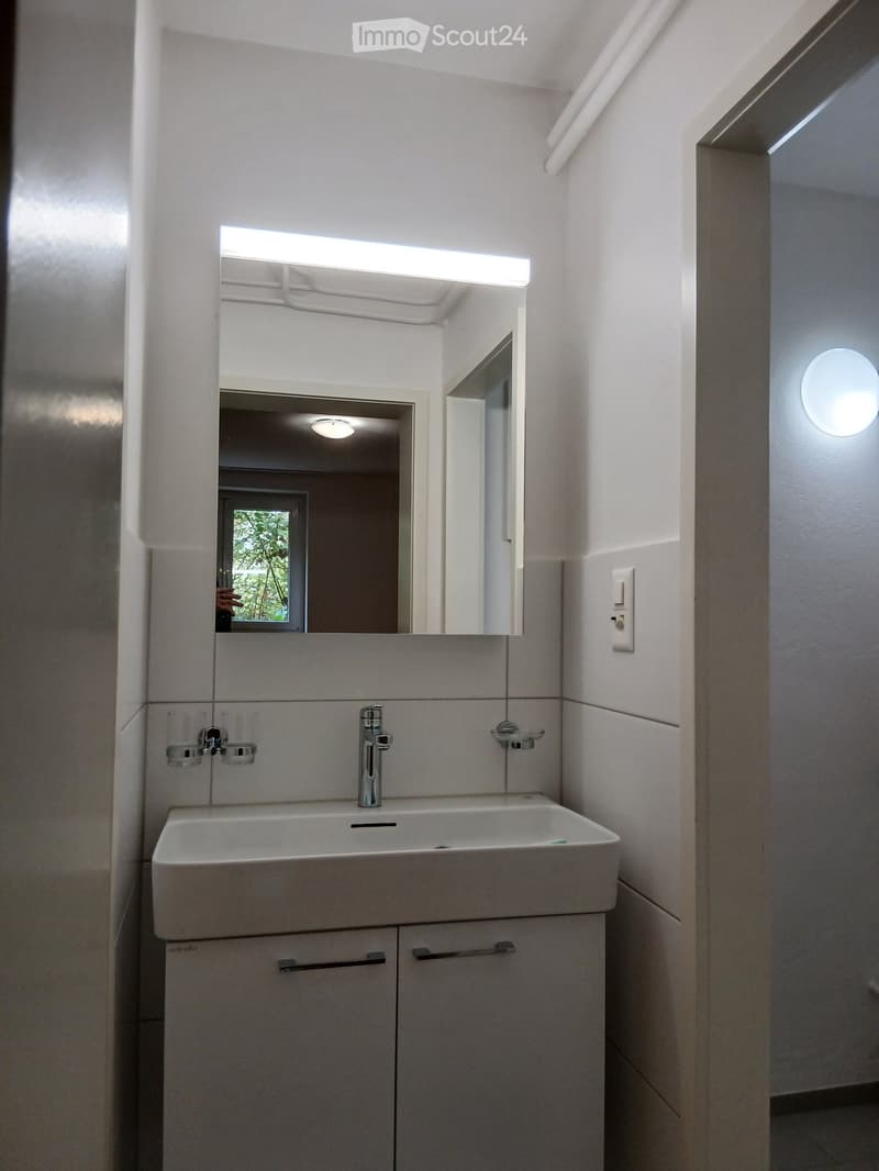 Modern bathroom with a white sink, chrome faucet, large mirror, and built-in cabinet below.