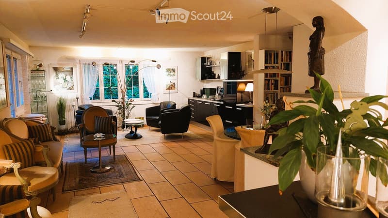 A well-furnished room with a mix of seating areas, including a sofa, chairs, and a coffee table. There is a bookshelf, a statue, and a plant in the corner, along with a small kitchen area featuring cabinets and a screen.