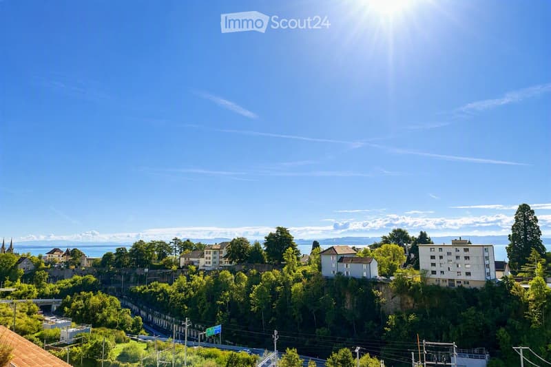 A panoramic view of a suburban area with multiple residential buildings, trees, and a visible body of water in the background under a clear blue sky.