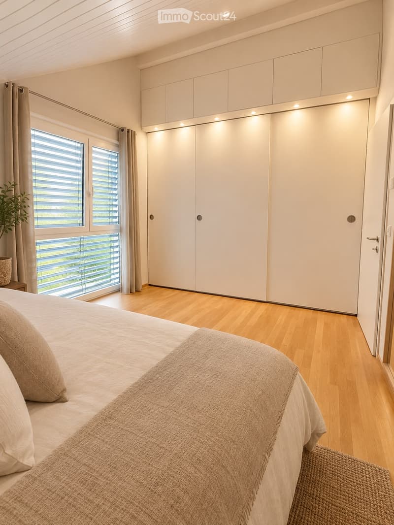 Modern bedroom with a large bed, pillows, built-in white cabinets, large windows with blinds, and a small side table with a plant.