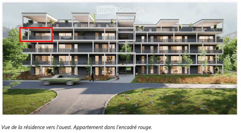 Modern multi-story residential building with balconies and large windows, surrounded by greenery and a paved driveway.