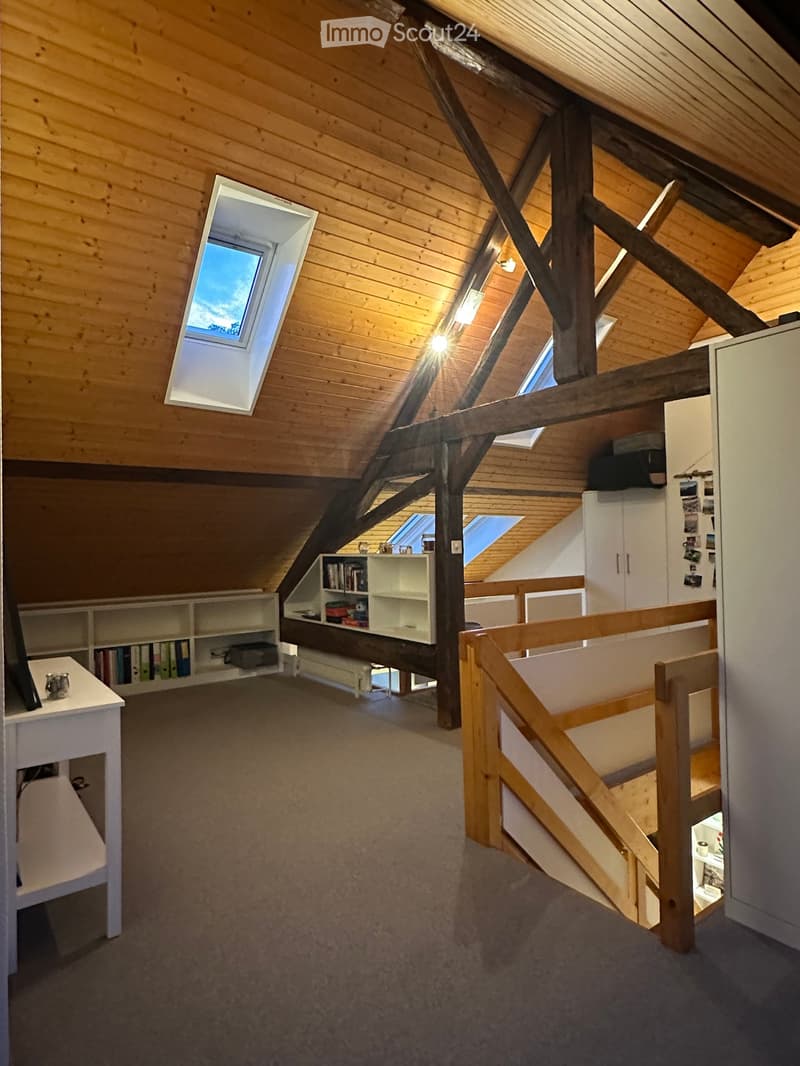 Spacious attic room with wooden beams, skylights, carpeted floor, and built-in shelving units.