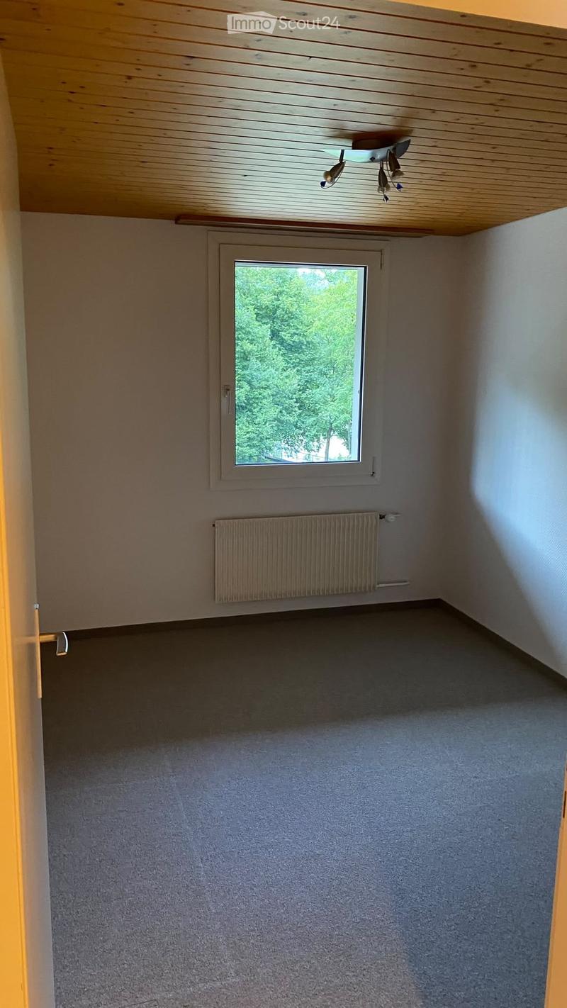 Empty room with grey carpet, white walls, a window with white frame, and a radiator below the window.