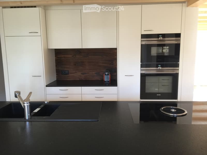 Modern kitchen with white cabinets, black countertops, stainless steel sink and faucet, built-in oven, and induction cooktop.