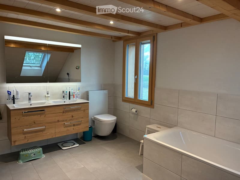 Modern bathroom with wooden vanity, double sink, toilet, bathtub, large mirror, and skylight window.