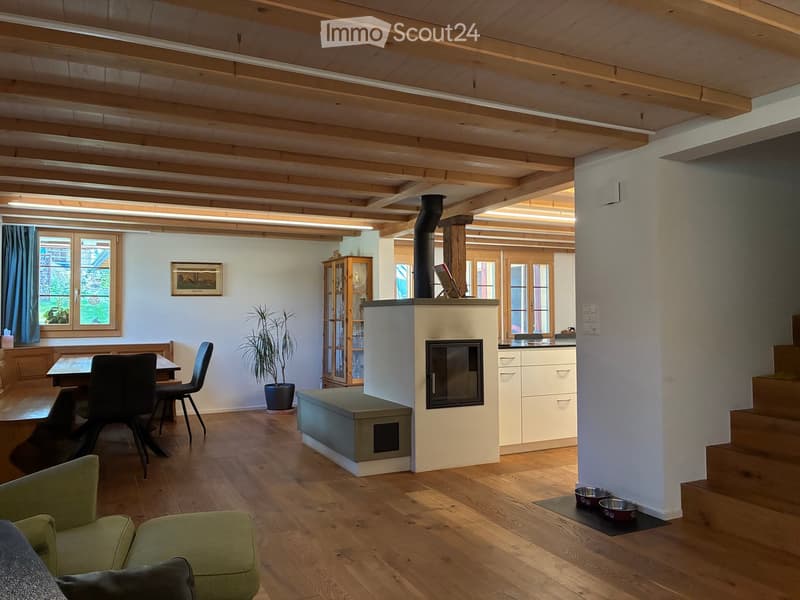Cozy living room with wooden beams, fireplace, sofa, dining area, and cabinet.