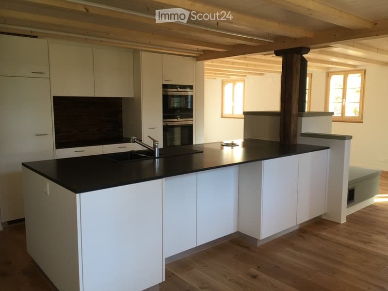 Modern kitchen with white cabinets, black countertop, stainless steel sink and faucet, and built-in oven. Wooden floor and exposed wooden beams on the ceiling.