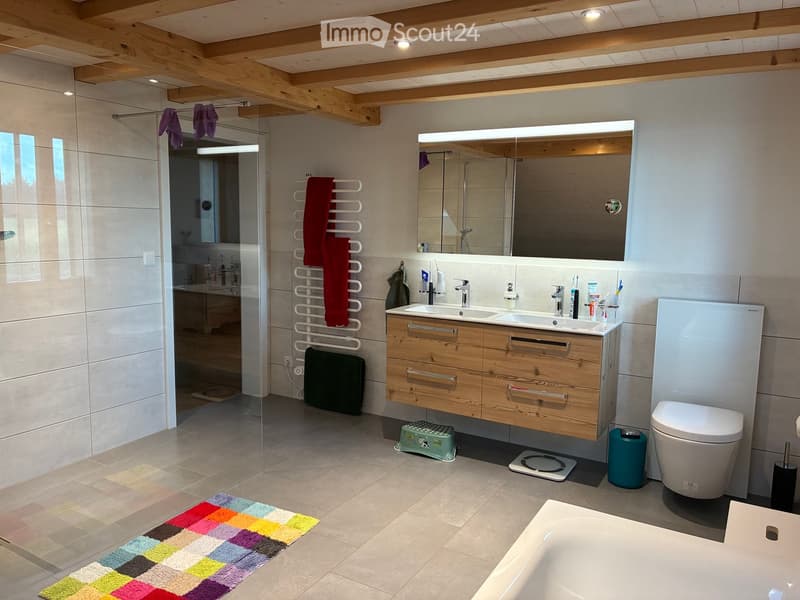 Modern bathroom with a double sink vanity, large mirror, toilet, bathtub, towel rack, and colorful rug.
