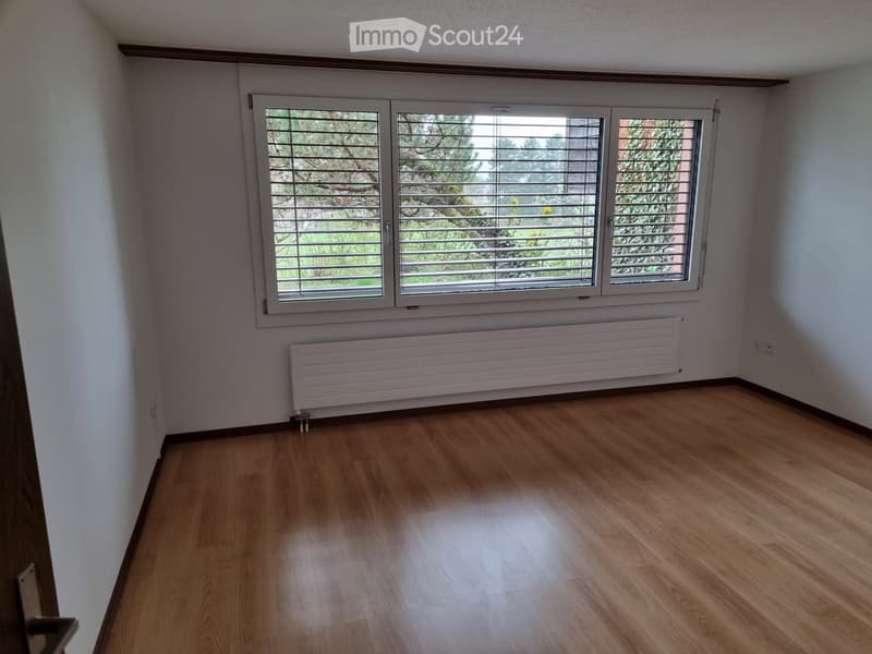 Empty room with wooden flooring, white walls, large window with blinds, and radiator below the window.