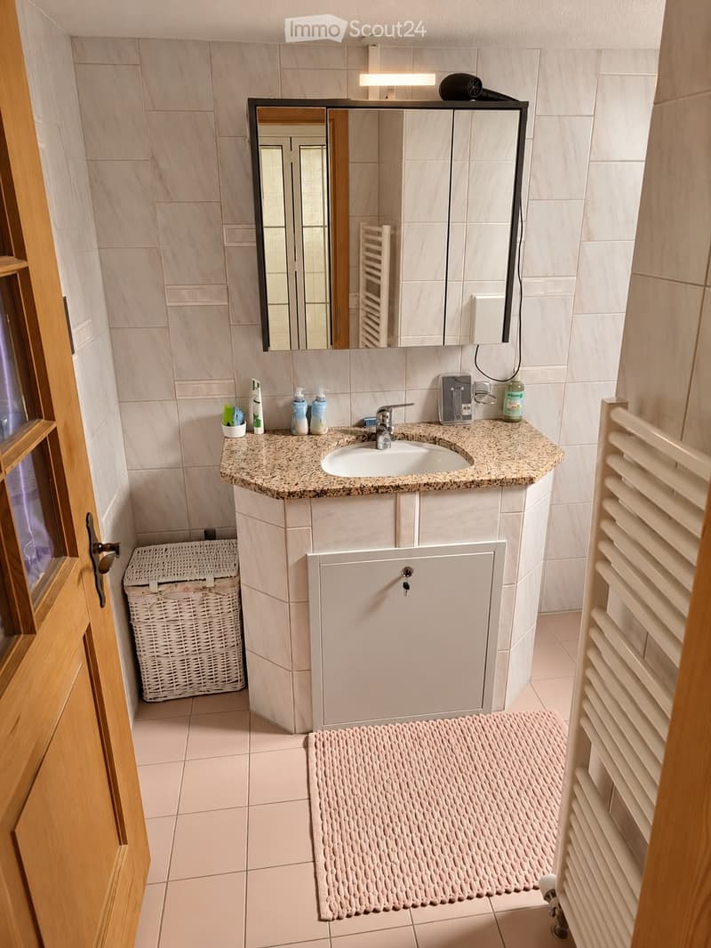 Modern bathroom with a white sink, granite countertop, mirror, radiator, wicker basket, and a bathroom mat.