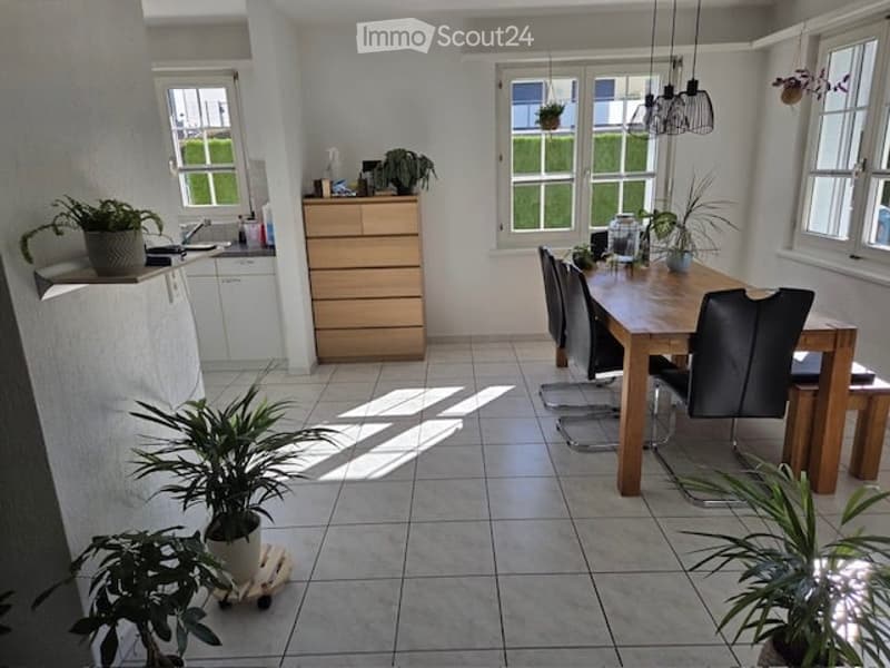 Bright, modern dining area with a wooden dining table, black chairs, a light wooden cabinet, and potted plants. Natural light streams in through large windows.