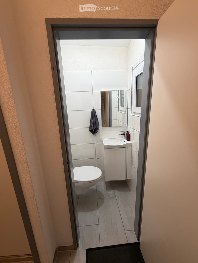Modern bathroom with white tiles, a toilet, a sink with a mirror, and a towel hanging on the wall.