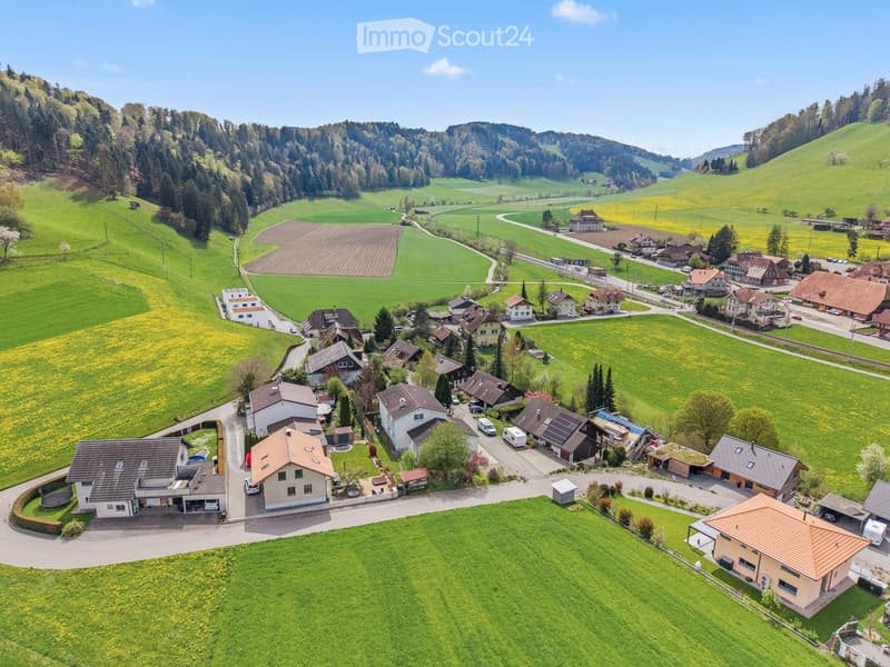 Aerial view of a rural village with houses, green fields, and a winding road.