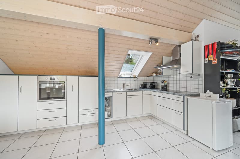 Modern kitchen with white cabinets, stainless steel appliances, and a skylight window above the sink.
