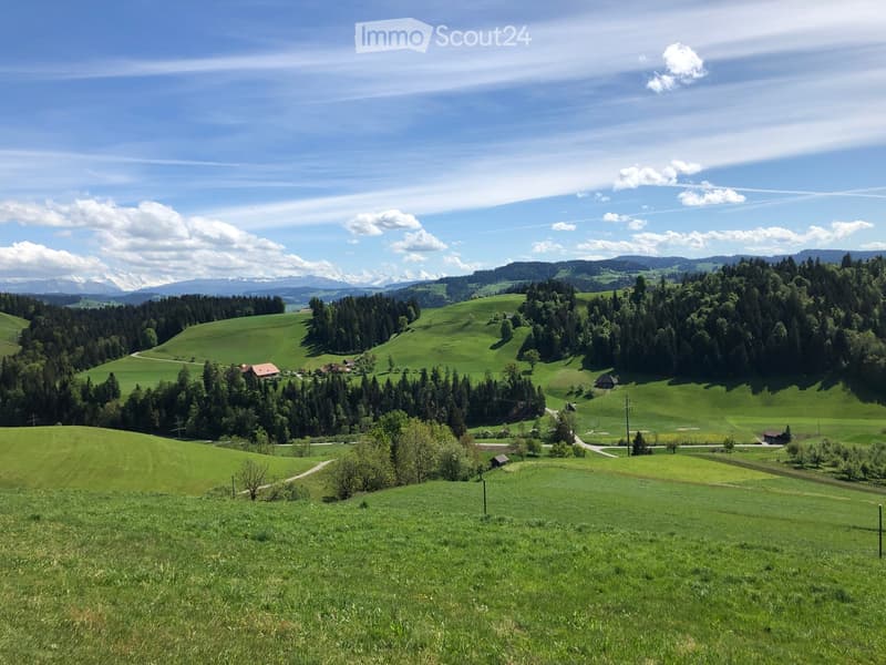 A panoramic view of a lush green valley with rolling hills, scattered trees, and small houses nestled among the landscape. The distant mountains are partially covered in snow under a clear blue sky with scattered clouds.