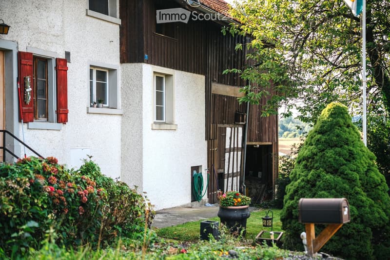 Two-story house with white walls, red shutters, and a wooden garage door. The garden features potted plants, a mailbox, and a flagpole.
