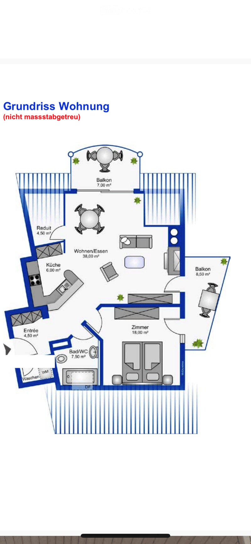 Floor plan of a residential apartment with labeled rooms including living/dining area, kitchen, bedroom, bathroom, entrance, and two balconies.