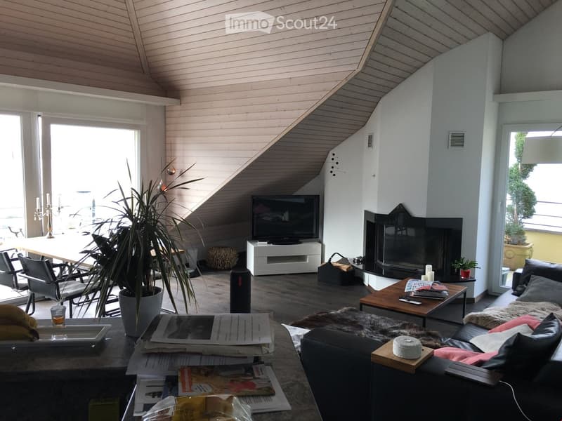 Modern living room with exposed wooden beams, fireplace, large windows, sofa, coffee table, TV, dining area, and plants.