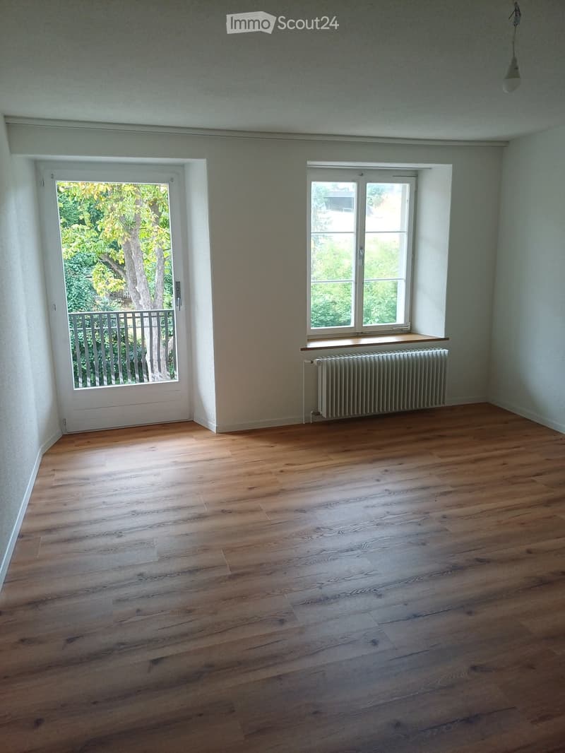 Empty room with wooden flooring, white walls, and two windows, one with a radiator below it.