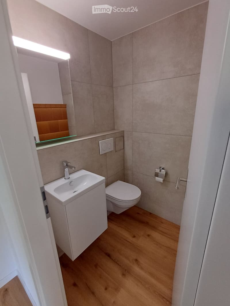 Modern bathroom with a white sink, toilet, and mirror, featuring light wooden flooring and grey tiled walls.