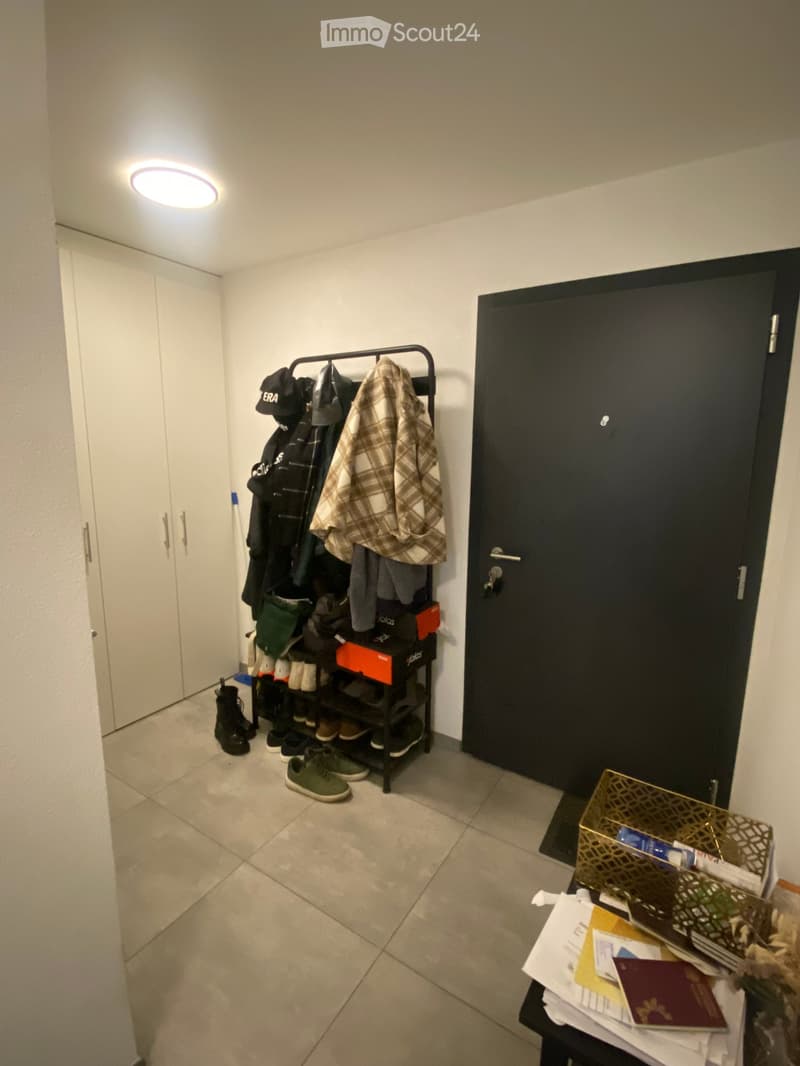 A small, well-lit hallway with a coat rack, shoe rack, a small table with books and papers, and a basket on the floor.