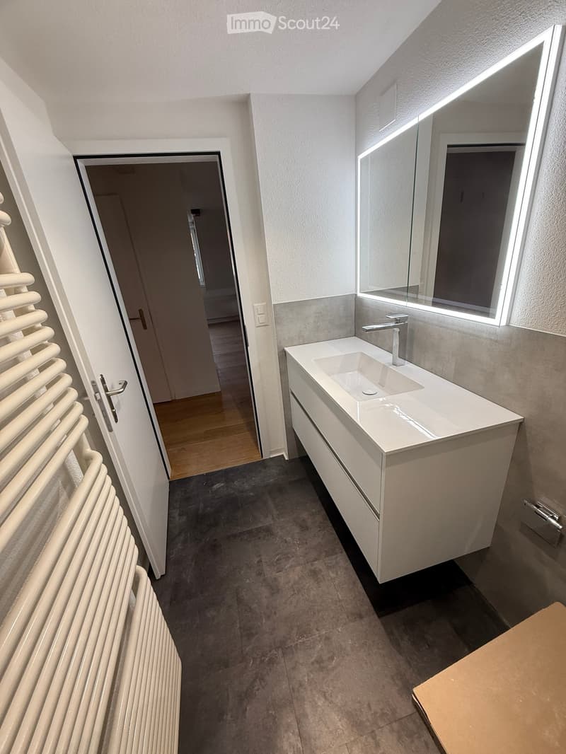 Modern bathroom with a white sink, chrome faucet, large mirror with LED lighting, and built-in cabinetry.