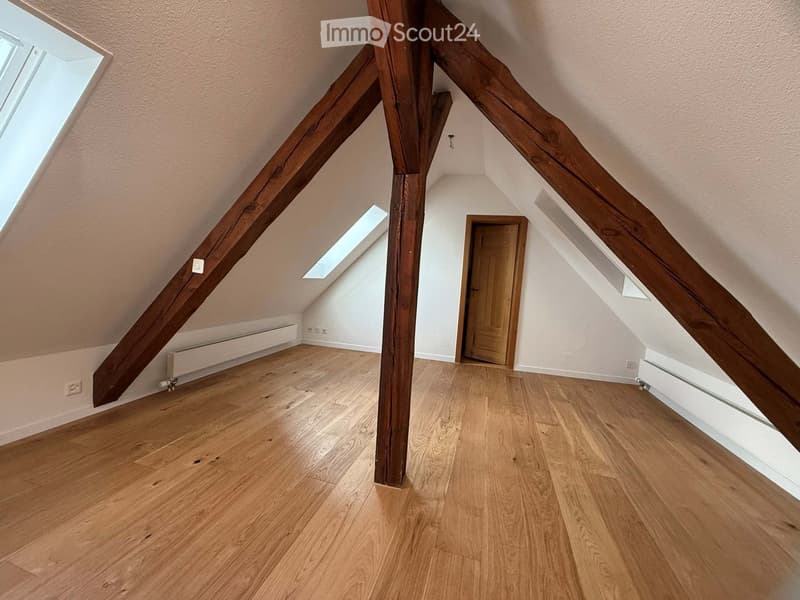 Exposed wooden beams, hardwood floors, two skylight windows, closed wooden door, wall-mounted radiators, power outlet