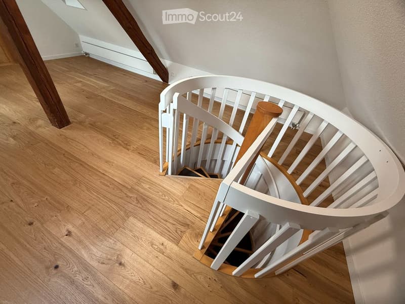 Spiral staircase with white railings and wooden steps, leading upwards in a modern interior with wooden flooring and exposed wooden beams.