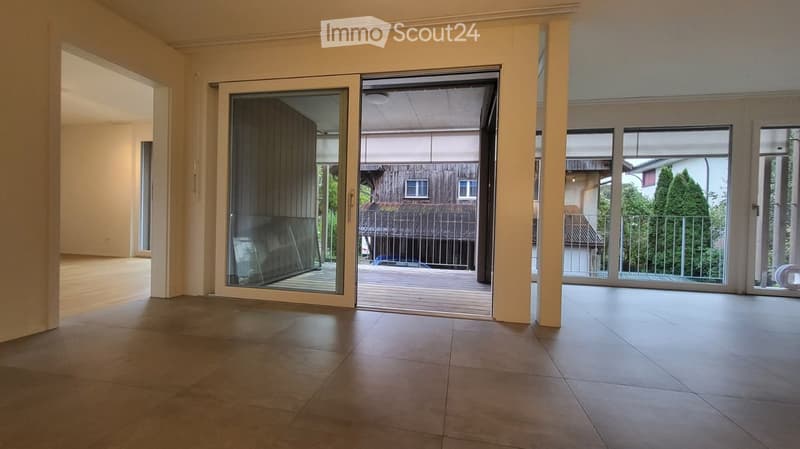 open sliding doors, balcony, glass walls, wooden floor
