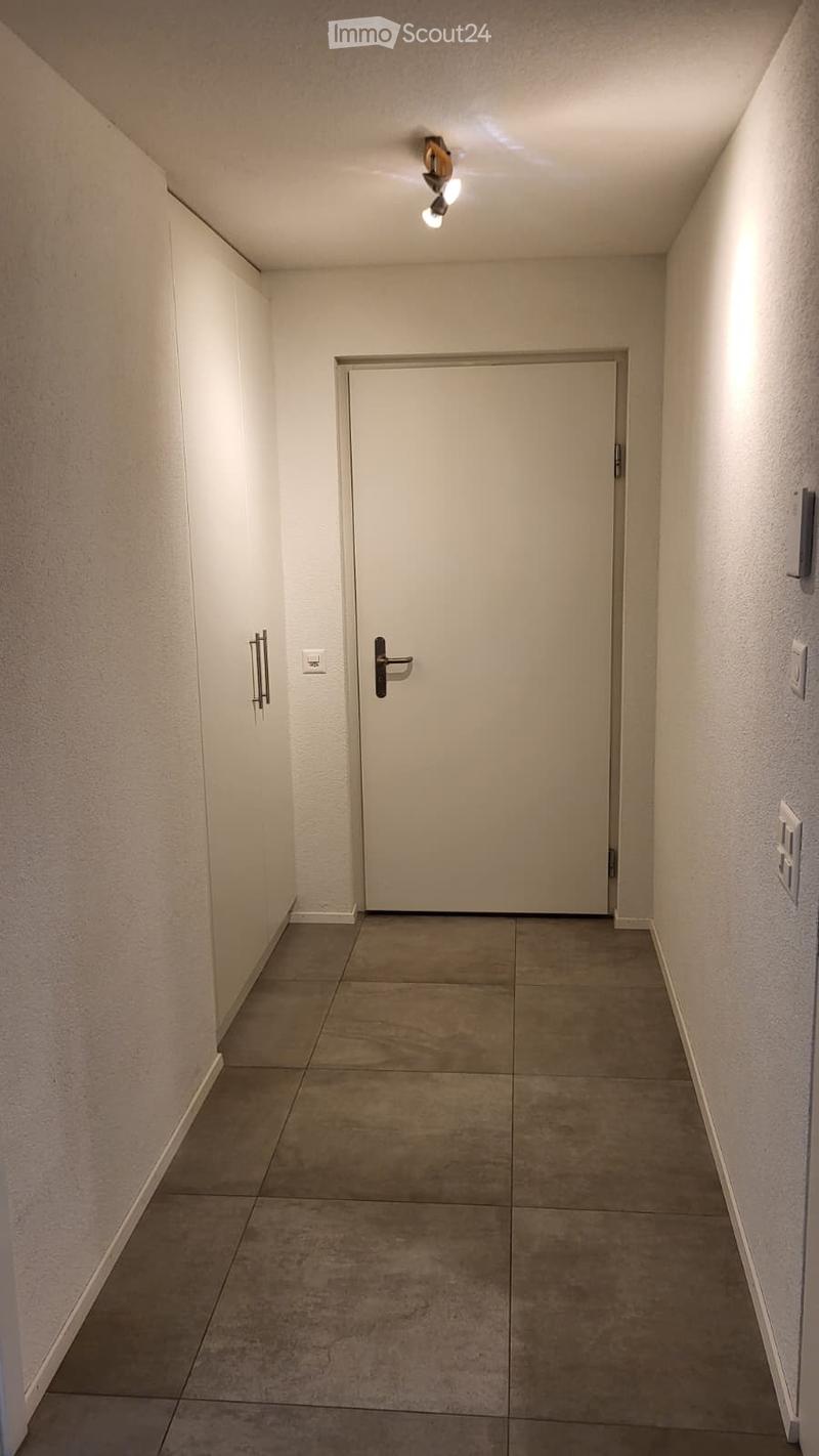 tiled hallway, white door with handle and light, white built-in wardrobes, power outlets