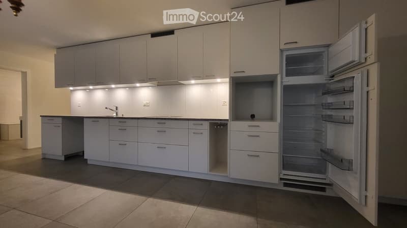 white kitchen cabinets, open fridge, modern faucet, open kitchen area, tiled floor