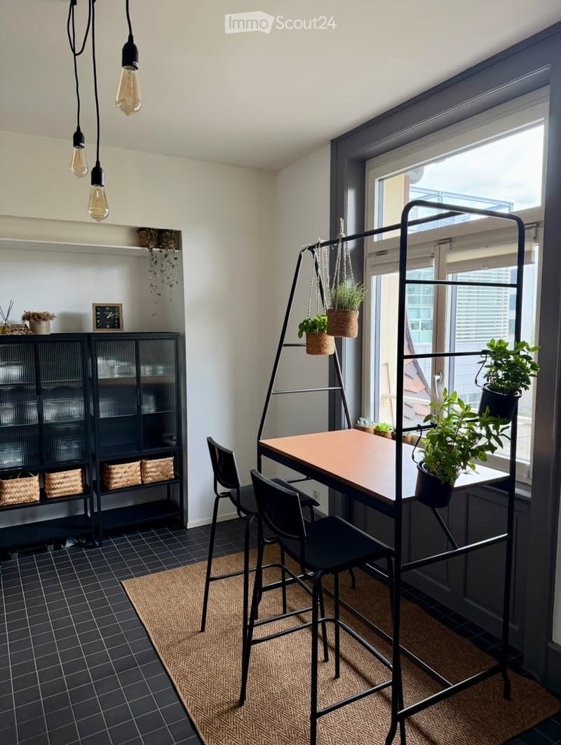 Modern, minimalist room with a wooden table, two black chairs, a black cabinet with glass doors, a clock, and several potted plants. The room features large windows and hanging light bulbs.