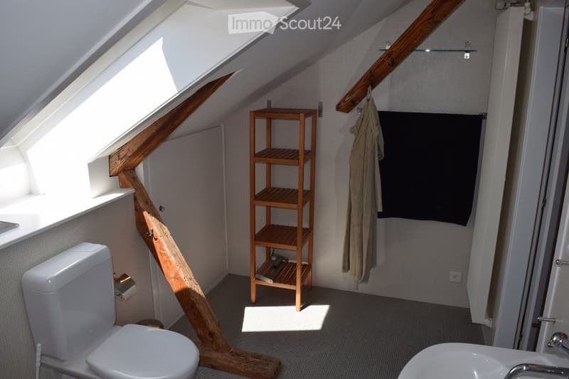 Bright attic bathroom with skylight windows, white toilet, sink, wooden shelf, and hanging towels.