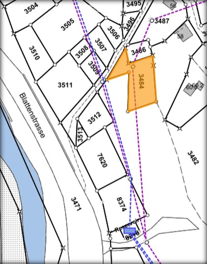 Property plot map showing lot number 3484, surrounded by neighboring plots with numbered boundaries and street names.